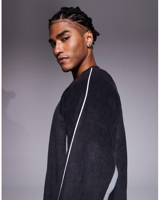 ASOS Blue Oversized Fleece Sweatshirt With Piping And Colourblock for men