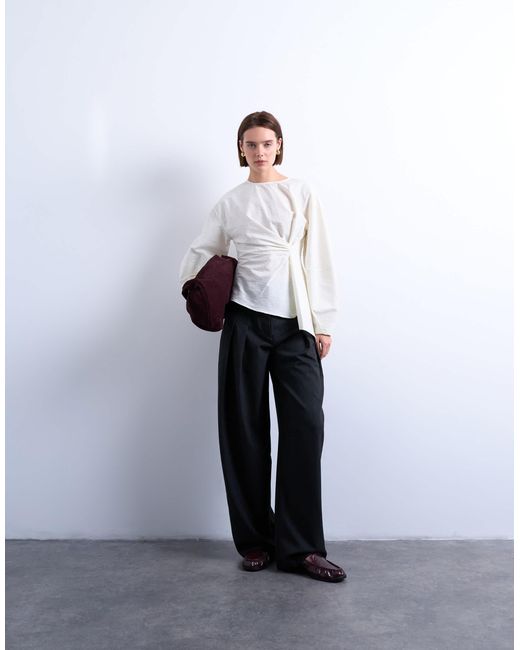 TOPSHOP White Long Sleeve Pleat Front Top