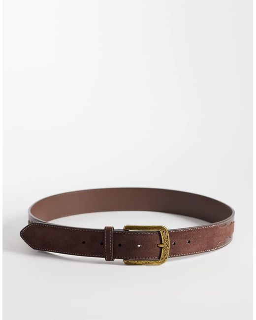 ASOS Brown Faux Suede Inlay Belt With Antique Gold Western Pattern Buckle for men