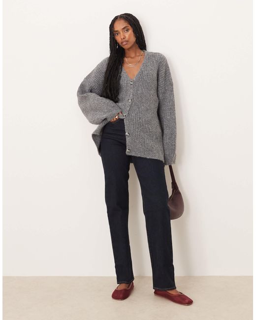 ASOS Gray Knitted Slouchy Cardigan With Chunky Rib With Wool