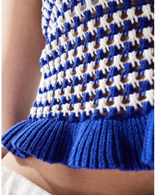 Stradivarius Blue Crochet Crop Top With Ruffle Hem