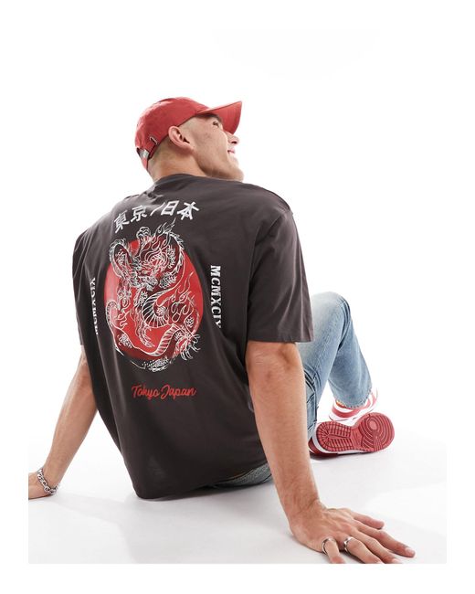 T-shirt oversize avec imprimé dragon au dos - marron ASOS pour homme en coloris Red