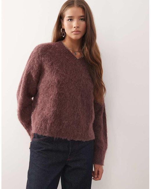 Reclaimed Vintage Red High V-Neck Fluffy Knitted Jumper