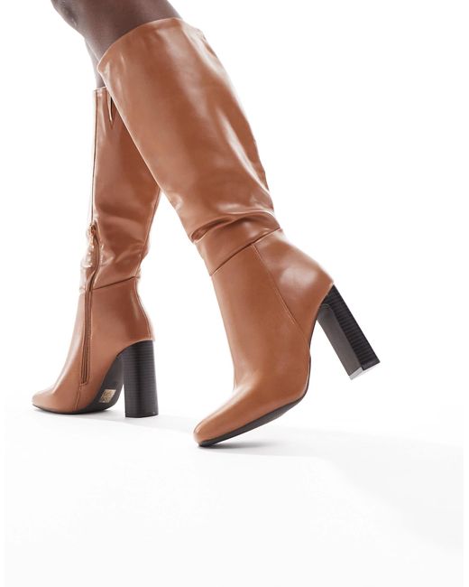 SEQWL Wide Fit Brown Boost Stack Heel Knee Boots