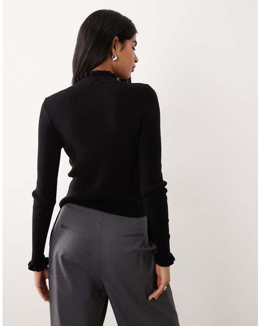 Mango Black Wool Mix High Neck Frill Edge Knitted Top