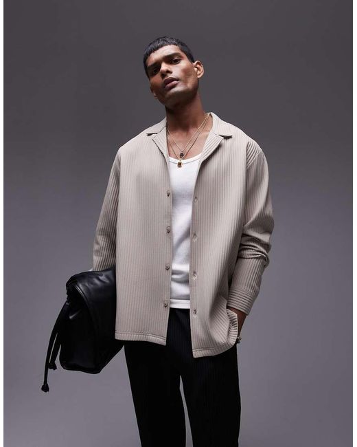 Camisa Plisada De Corte Estándar Y Manga Larga Con Cuello De Solapas De - Neutro Topman de hombre de color Gray
