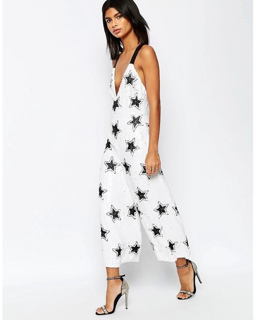 ASOS White All Over Sequin Star Jumpsuit With Contrast Elastic Straps