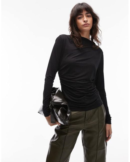 & Other Stories Black Asymmetric Ruched Long Sleeve Jersey Top