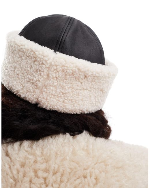 Weekday Black Faux Leather Hat With Borg Trim