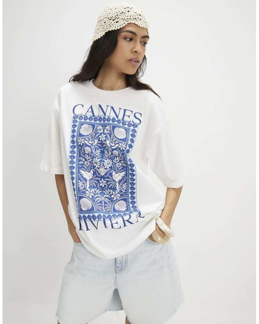 River Island Blue Cotton Cannes Graphic T-Shirt