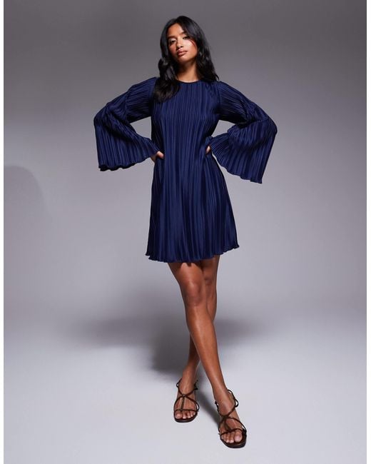 ASOS Blue Asos Design Petite Plisse Wide Sleeve Mini Dress With Back Bow Detail
