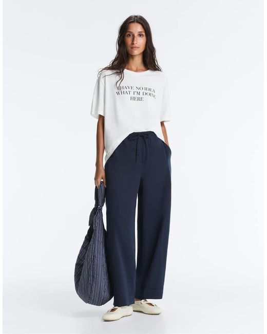 Oysho Blue Boxy Short-Sleeved Cotton Blend T-Shirt With Slogan