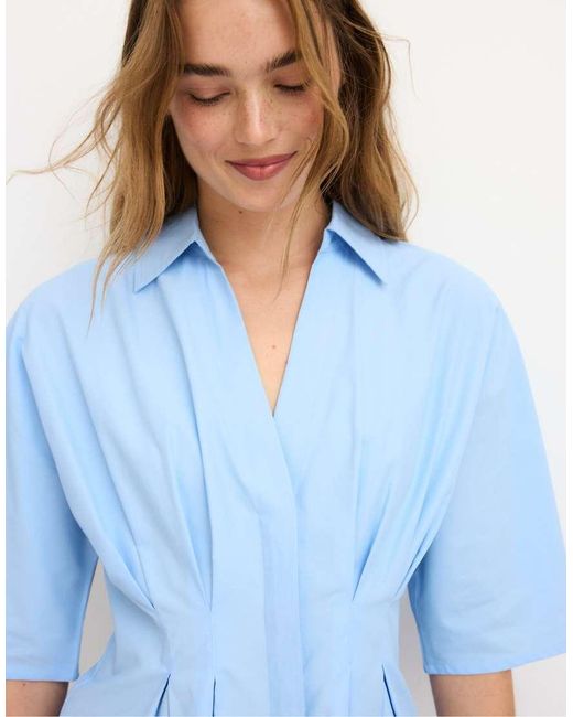 Stradivarius Blue Poplin Shirt With Kimono Sleeves And Pleats