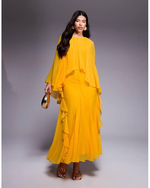 ASOS Yellow Trapeze Overlay Chiffon Maxi Dress With Ruffles