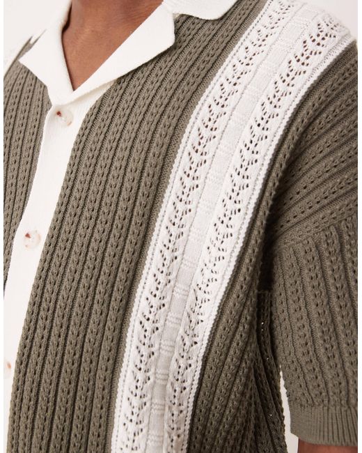 ASOS Natural Relaxed Knitted Revere Neck Button Through Crochet Polo for men