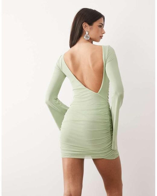 ASOS Green Mesh Waterfall Sleeve Ruched Mini Dress