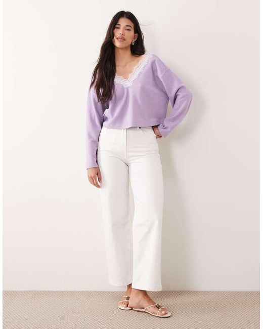 Miss Selfridge Purple Brushed Rib V-Neck Top With Lace