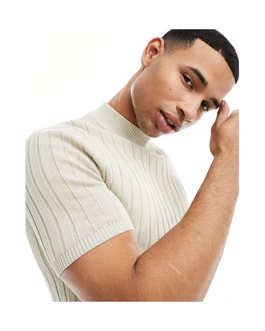 T-shirt moulant léger en maille côtelée à col montant - taupe ASOS pour homme en coloris White