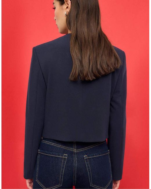 Stradivarius Blue Cropped Round Neck Blazer