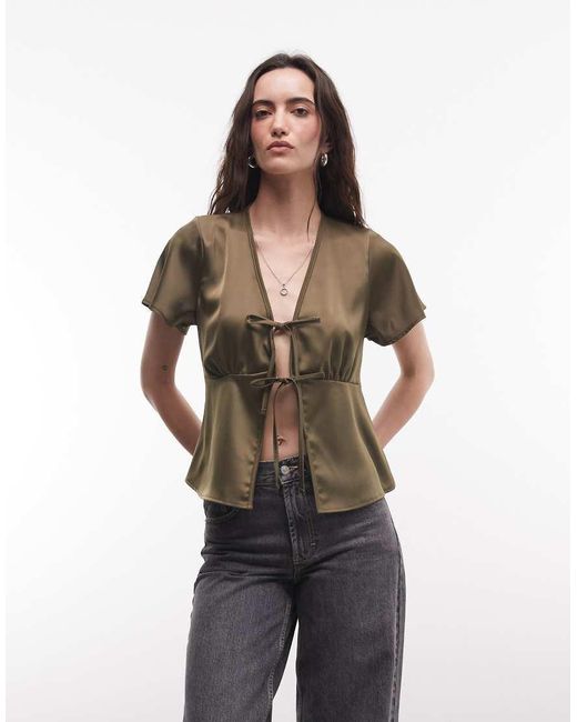 Reclaimed Vintage Green Satin Tie Front Top