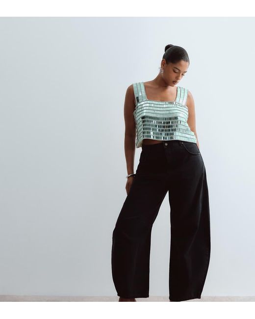 ARRANGE Green Curve Embellished Beaded Square Neck Boxy Crop Top