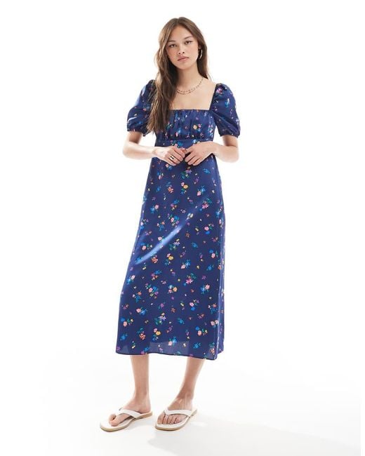 New Look Blue Ditsy Floral Milkmaid Satin Midi Dress