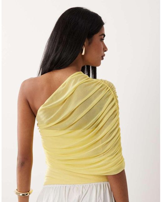 ASOS Yellow Mesh One Shoulder Top With Ruching