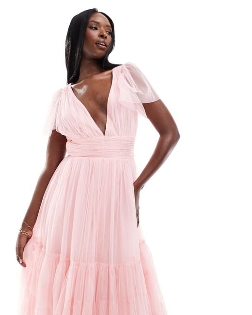L'invitée - madison - robe mi-longue en tulle à col en v - pâle LACE & BEADS en coloris Pink