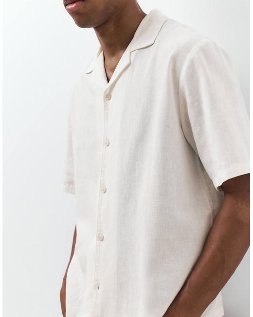 Pull&Bear White Short Sleeve Linen Blend Shirt for men