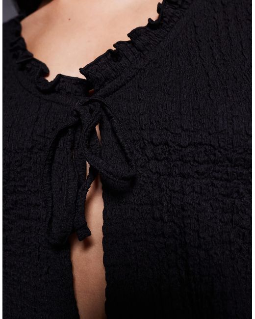 ASOS Black Texture Wide Neck Ruffle Edge Long Sleeve Tie Up Top