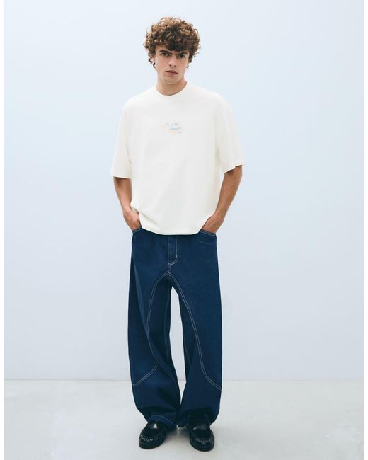 Bershka White Short Sleeve Boxy Print T-Shirt for men