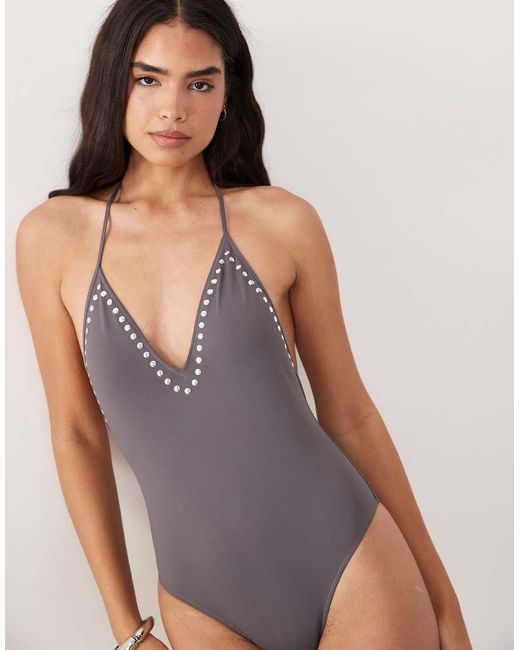 Mango Purple Plunge Neck Studded Trim Swim Suite