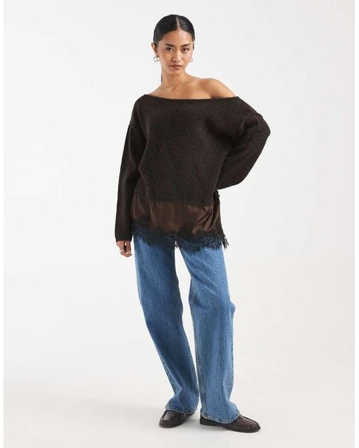 Miss Selfridge Black Fluffy Asym Jumper With Contrast Satin Lace Hem