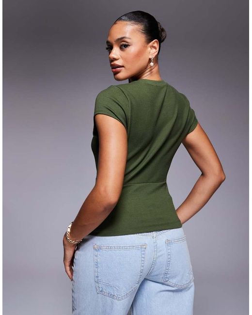 ASOS Green Fine Rib Short Sleeve Top With Corset Waist
