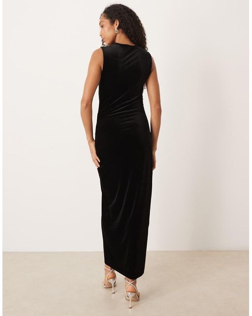 Vila Black High Neck Velvet Ruched Maxi Dress