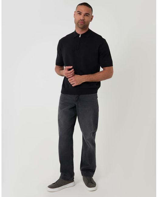 Threadbare Black Relaxed Fit Knitted Quarter Zip Polo for men