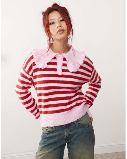 Monki Red Long Sleeve Collar Polo Knitted Sweater