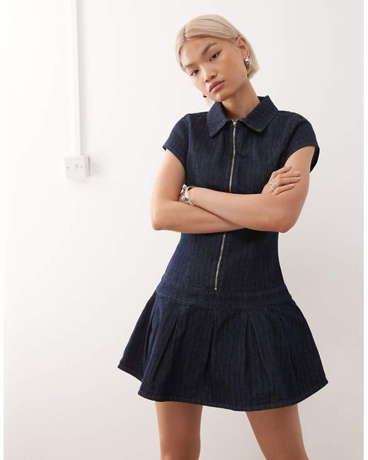 Collusion Blue 90s Denim Fitted Dropped Waist Dress