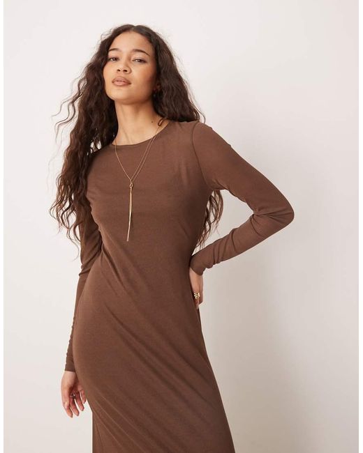 ASOS Brown Long Sleeve Sheer Double Layered Midi Dress
