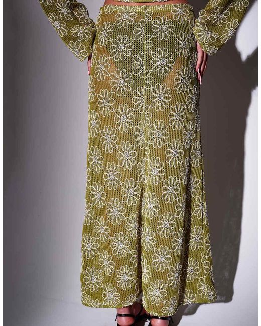 South Beach Green Crochet Floral Sequin Maxi Skirt