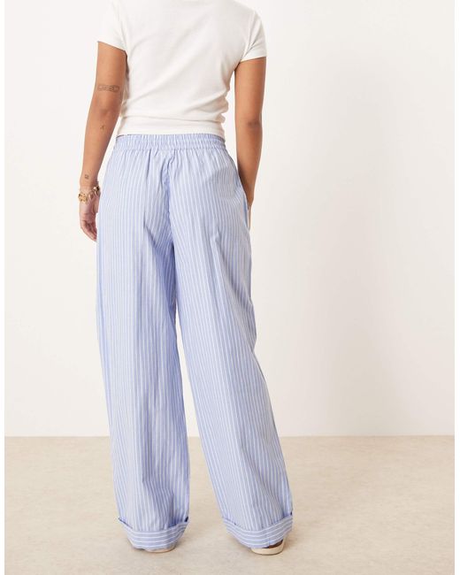 Vila Blue Highwaist Wide Leg Stripe Dad Pant With Turn Up Cuff