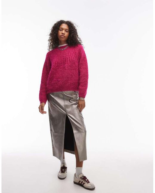 TOPSHOP Pink Knitted Super Fluffy Rib Detail Relaxed Jumper