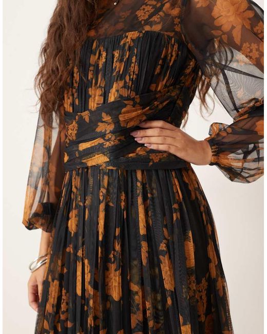 ANAYA Natural Floral Long Sleeve Gathered Maxi Dress
