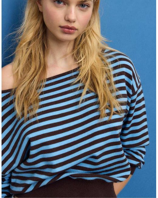 Stradivarius Blue Boat Neck Knit Sweater