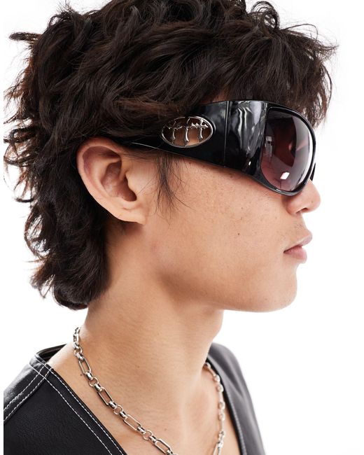 ASOS Black Y2k Wrap Sunglasses With Gothic Cross Trim for men