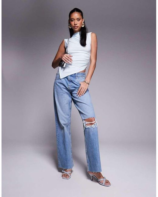 ASOS Geplooide Top Met Hoge Hals En Asymmetrische Zoom in het Blue