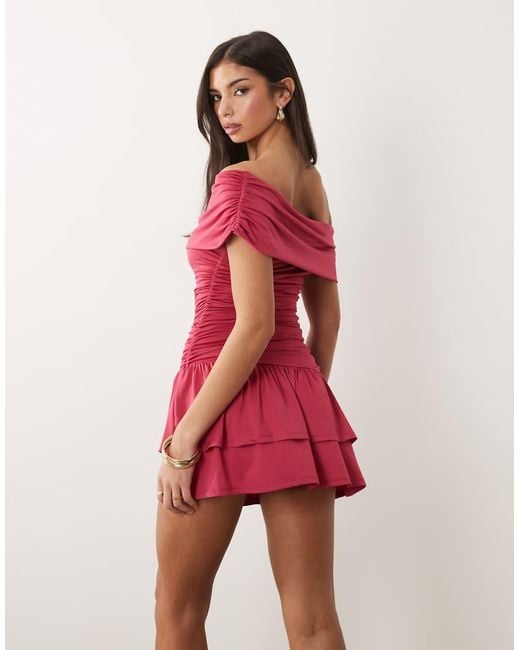 Aria Cove Red Slinky Drape Asymmetric Shoulder Mini Dress