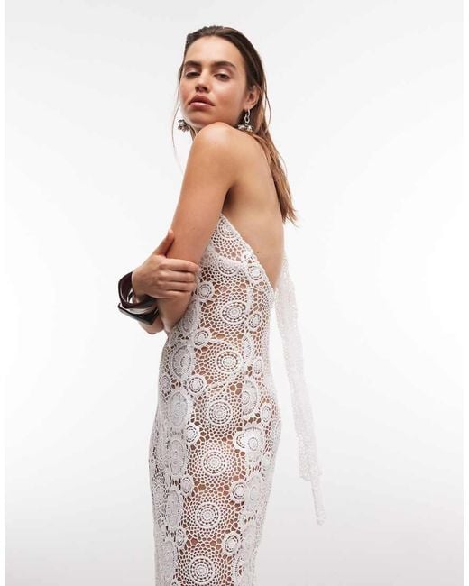 Noughts & Kisses White Sheer Crochet Halterneck Sleeveless Maxi Dress