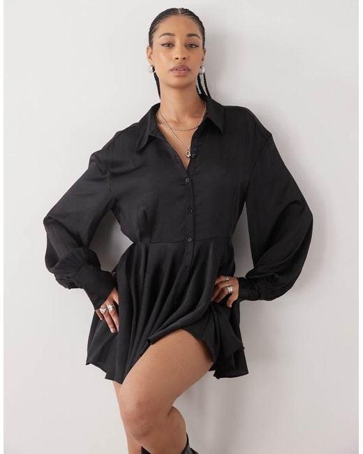 Monki Black Long Sleeve Crinkle Satin Shirt Dress With Floaty Skirt