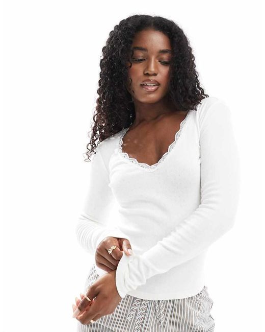 Cotton On White Cotton On Lace Trim Long Sleeve Waffle Sleep Top